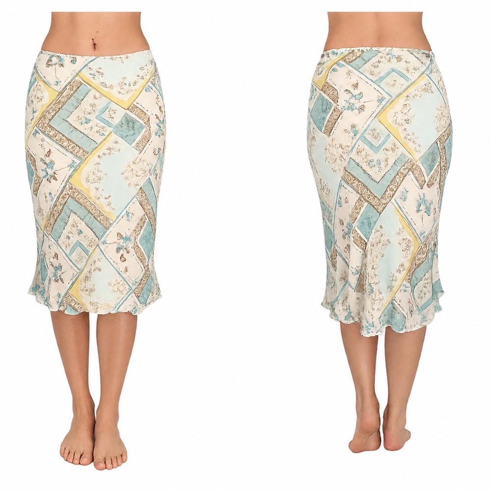 Women’s Cream & Aqua Printed Vintage Midi Skirt